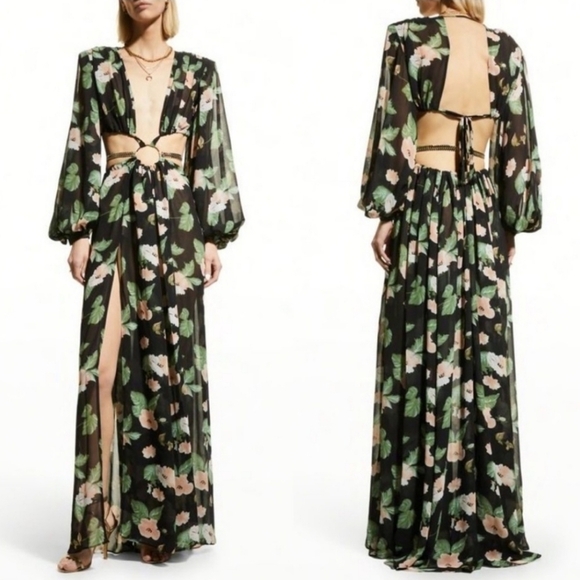 BRONX AND BANCO Flavia Black Multi Floral Plunge Cutout Maxi Gown Dress - Picture 1 of 12